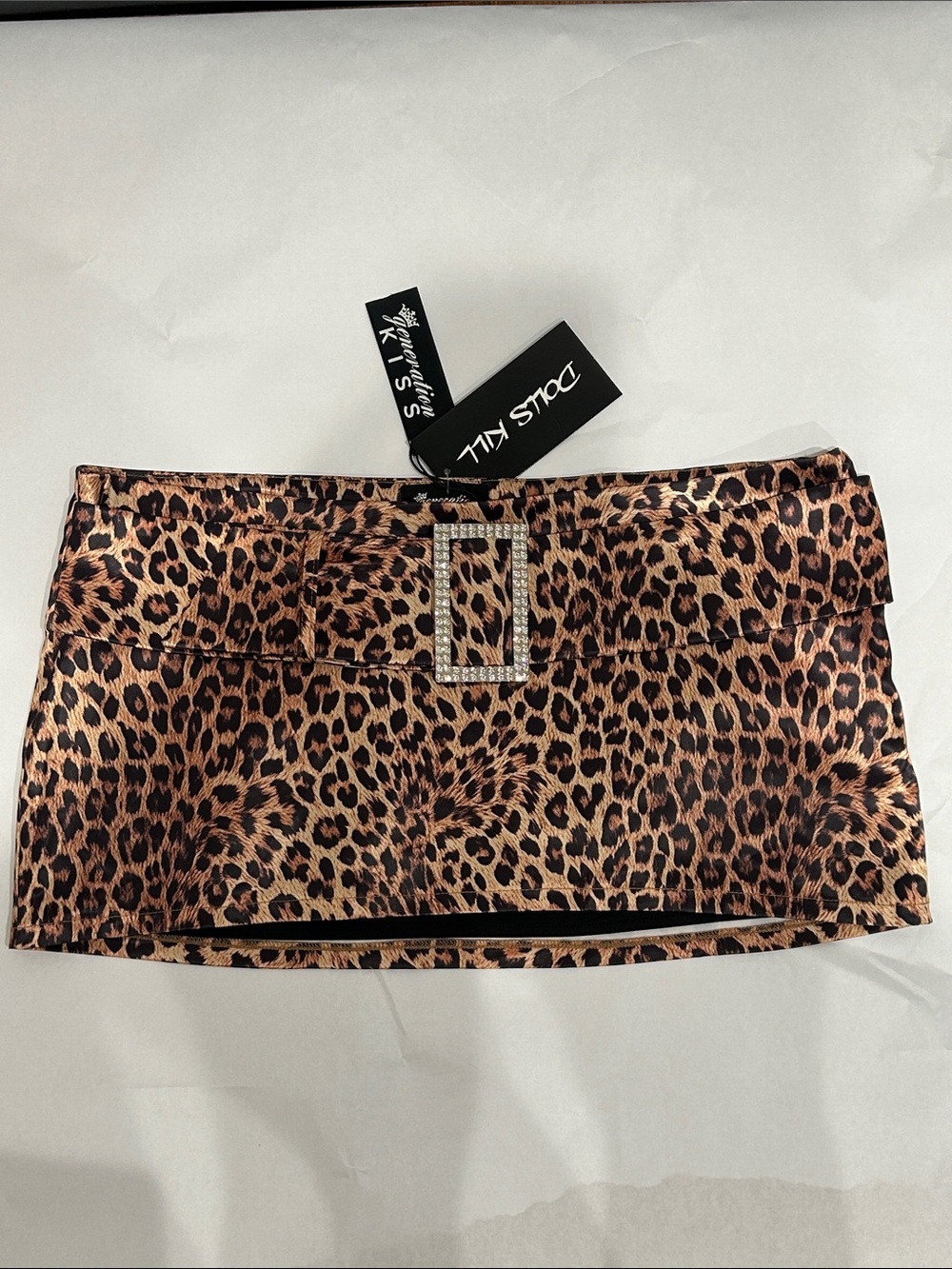 Dolls Kill Leopard Print Satin Mini Skirt with Rhinestone Buckle plus size xxl